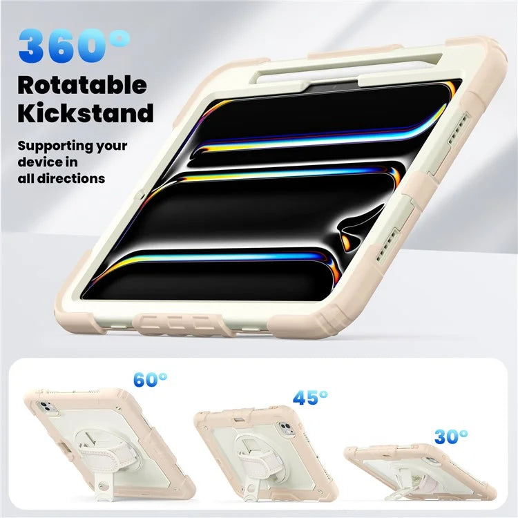 For iPad Pro 11 (2024) Case Hand Strap Kickstand PC+Silicone Tablet Cover with Shoulder Strap, PET Screen Film