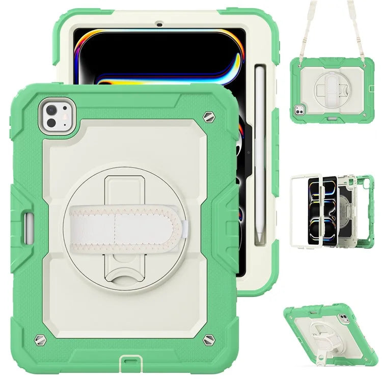 For iPad Pro 11 (2024) Case Hand Strap Kickstand PC+Silicone Tablet Cover with Shoulder Strap, PET Screen Film