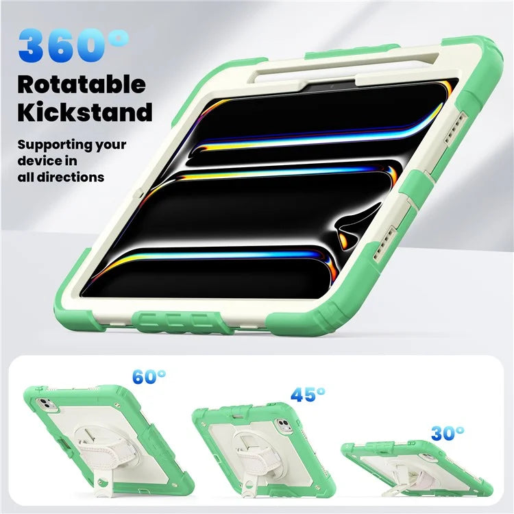 For iPad Pro 11 (2024) Case Hand Strap Kickstand PC+Silicone Tablet Cover with Shoulder Strap, PET Screen Film