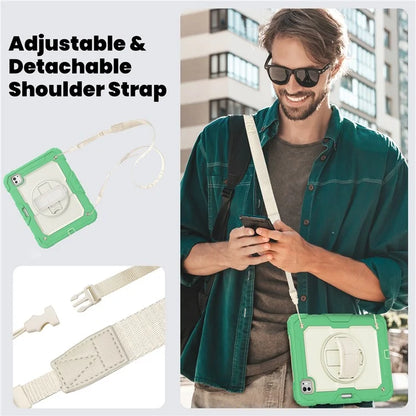 For iPad Pro 11 (2024) Case Hand Strap Kickstand PC+Silicone Tablet Cover with Shoulder Strap, PET Screen Film