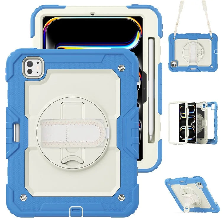 For iPad Pro 11 (2024) Case Hand Strap Kickstand PC+Silicone Tablet Cover with Shoulder Strap, PET Screen Film