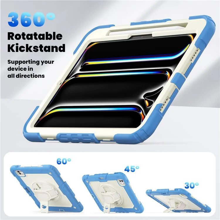 For iPad Pro 11 (2024) Case Hand Strap Kickstand PC+Silicone Tablet Cover with Shoulder Strap, PET Screen Film