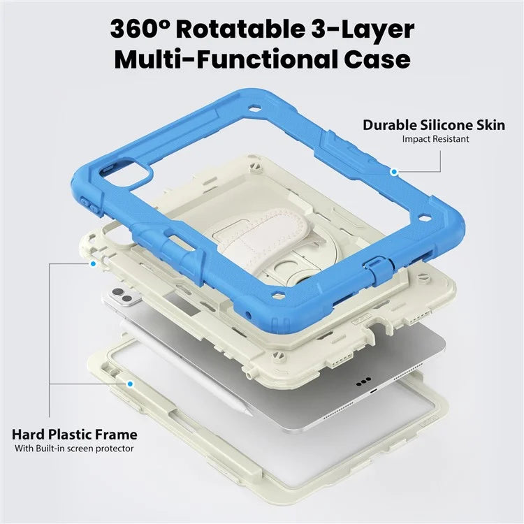 For iPad Pro 11 (2024) Case Hand Strap Kickstand PC+Silicone Tablet Cover with Shoulder Strap, PET Screen Film
