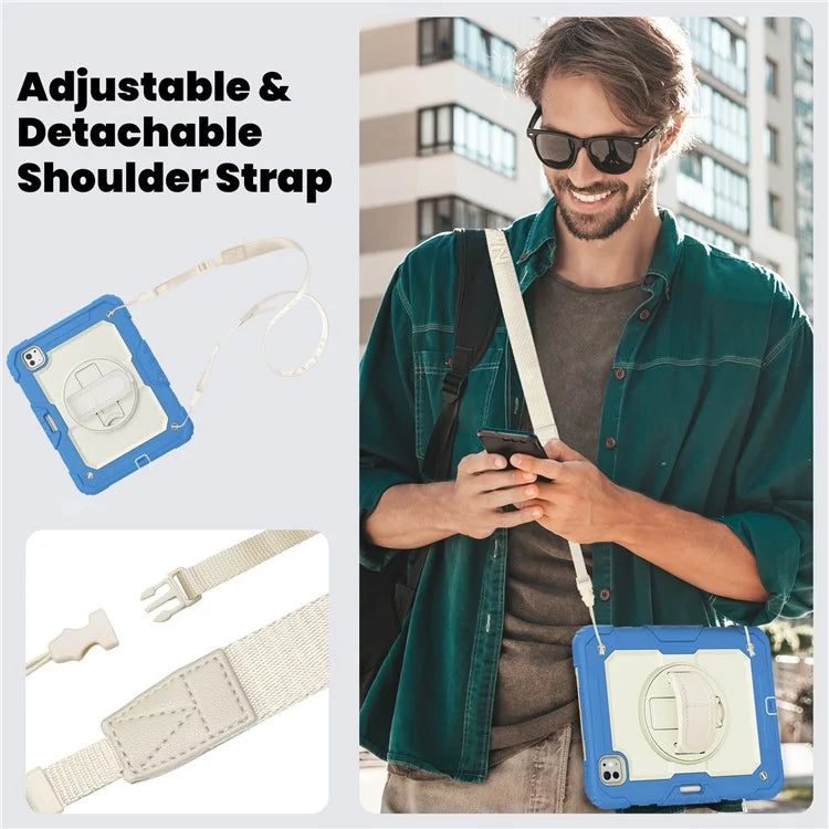 For iPad Pro 11 (2024) Case Hand Strap Kickstand PC+Silicone Tablet Cover with Shoulder Strap, PET Screen Film