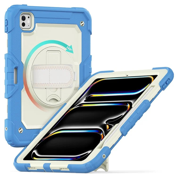 For iPad Pro 11 (2024) Case Hand Strap Kickstand PC+Silicone Tablet Cover with Shoulder Strap, PET Screen Film