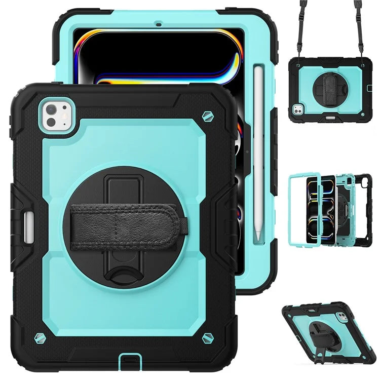 For iPad Pro 11 (2024) Case PC+Silicone Tablet Cover with Screen Protector Pencil Holder+Black