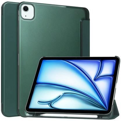For iPad Air 13 (2024) Case Tri-Fold Stand Leather + PC Matte Back Tablet Cover with Pencil Holderish Green