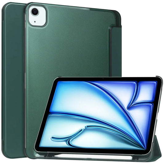 For iPad Air 13 (2024) Case Tri-Fold Stand Leather + PC Matte Back Tablet Cover with Pencil Holderish Green