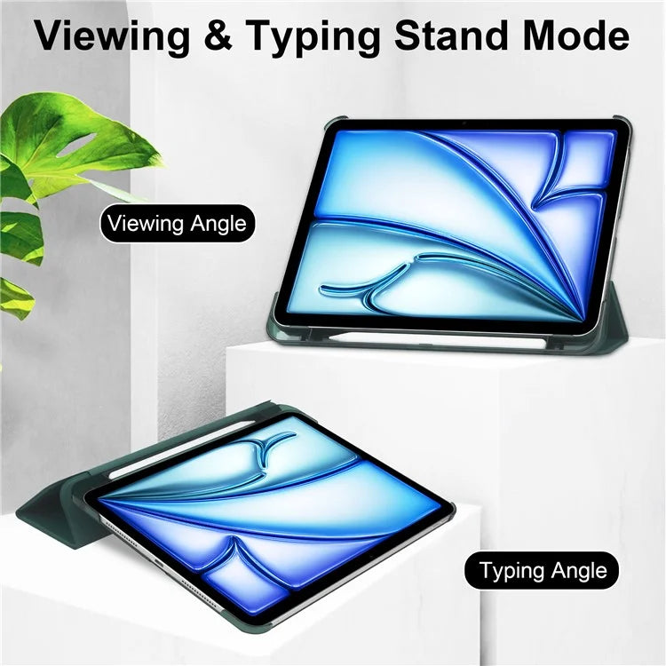For iPad Air 13 (2024) Case Tri-Fold Stand Leather + PC Matte Back Tablet Cover with Pencil Holderish Green
