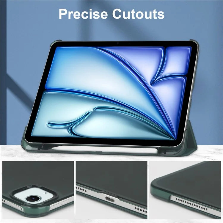 For iPad Air 13 (2024) Case Tri-Fold Stand Leather + PC Matte Back Tablet Cover with Pencil Holderish Green
