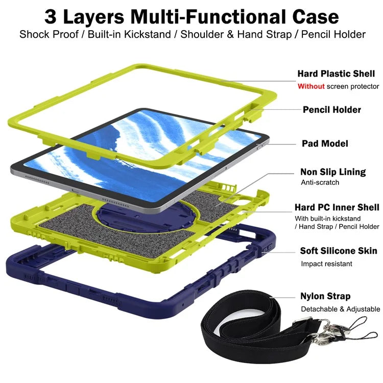 For iPad Air 11 (2024) Case Rotatable Kickstand Silicone + PC Tablet Cover with Shoulder Strap