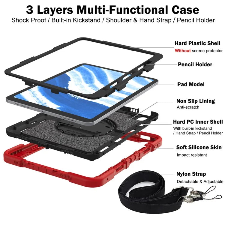 For iPad Air 11 (2024) Case Rotatable Kickstand Silicone + PC Tablet Cover with Shoulder Strap
