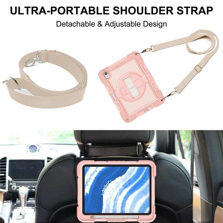 For iPad Air 11 (2024) Case Rotatable Kickstand Silicone + PC Tablet Cover with Shoulder Strap