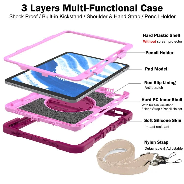 For iPad Air 11 (2024) Case Rotatable Kickstand Silicone + PC Tablet Cover with Shoulder Strap