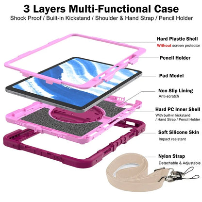 For iPad Air 11 (2024) Case Rotatable Kickstand Silicone + PC Tablet Cover with Shoulder Strap