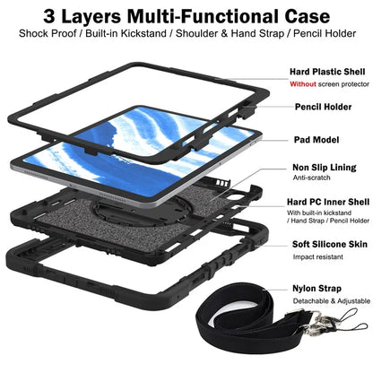 For iPad Air 11 (2024) Case Rotatable Kickstand Silicone + PC Tablet Cover with Shoulder Strap