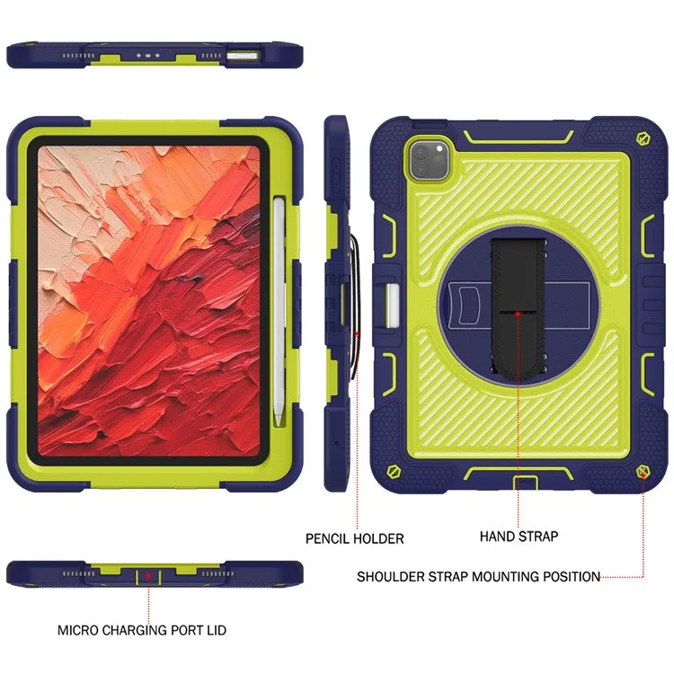 For iPad Pro 11 (2024) Case Kickstand Silicone + PC Tablet Cover with Hand / Shoulder Strap