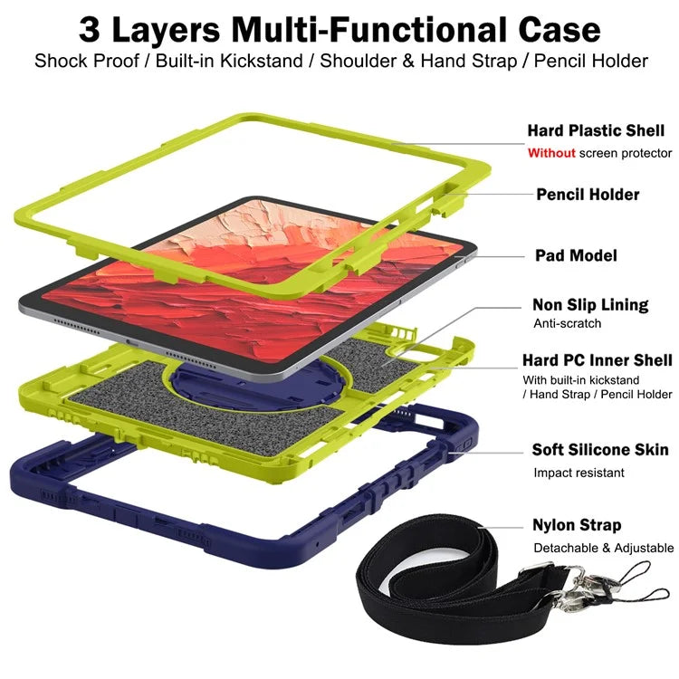 For iPad Pro 11 (2024) Case Kickstand Silicone + PC Tablet Cover with Hand / Shoulder Strap