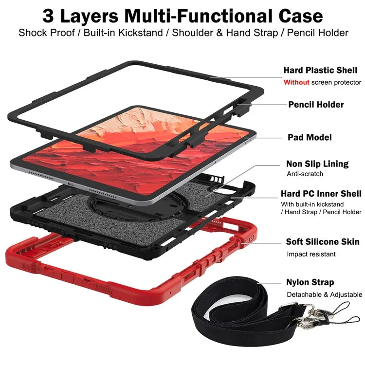 For iPad Pro 11 (2024) Case Kickstand Silicone + PC Tablet Cover with Hand / Shoulder Strap