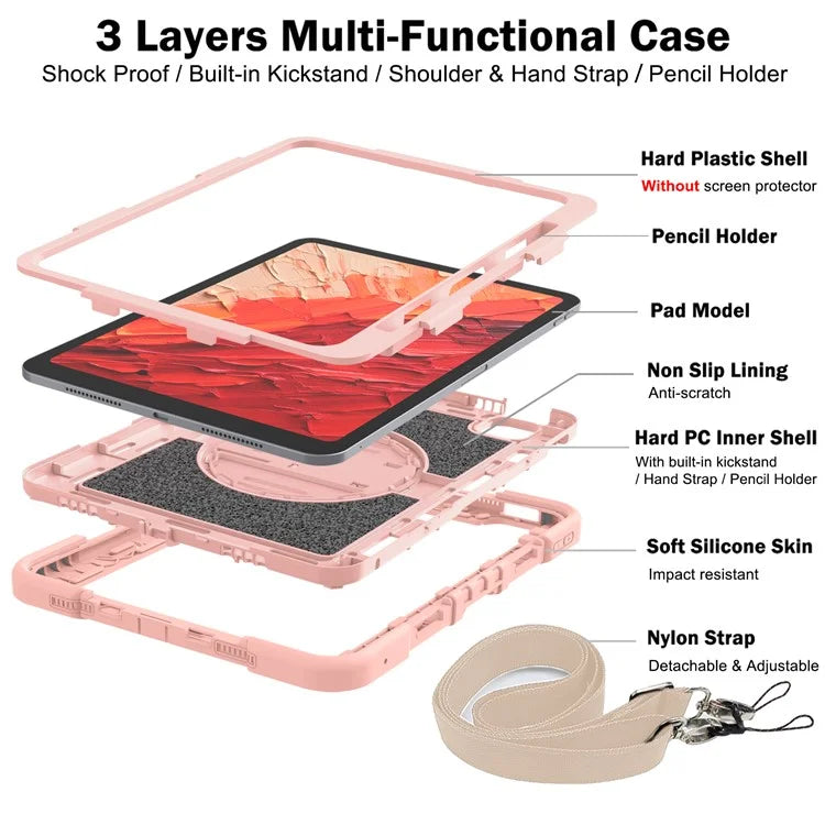 For iPad Pro 11 (2024) Case Kickstand Silicone + PC Tablet Cover with Hand / Shoulder Strap