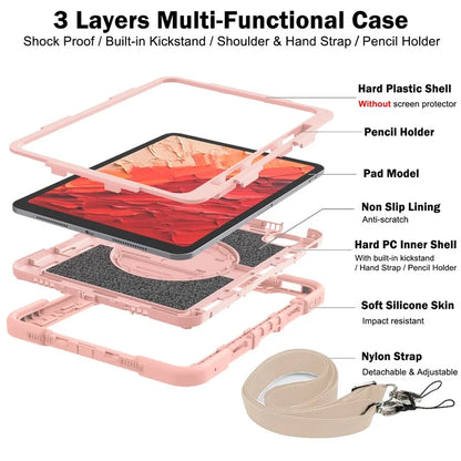 For iPad Pro 11 (2024) Case Kickstand Silicone + PC Tablet Cover with Hand / Shoulder Strap