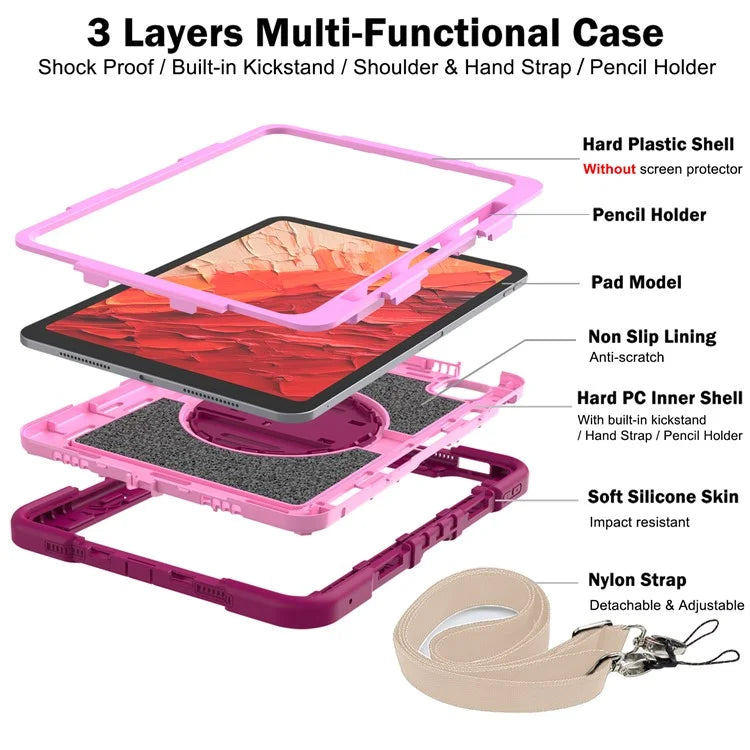 For iPad Pro 11 (2024) Case Kickstand Silicone + PC Tablet Cover with Hand / Shoulder Strap