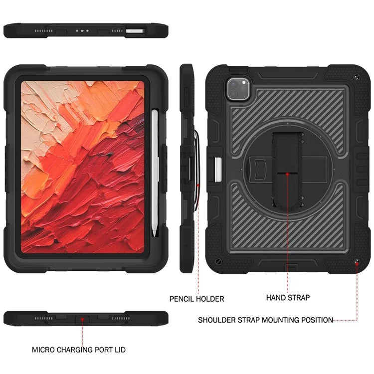 For iPad Pro 11 (2024) Case Kickstand Silicone + PC Tablet Cover with Hand / Shoulder Strap