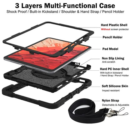 For iPad Pro 11 (2024) Case Kickstand Silicone + PC Tablet Cover with Hand / Shoulder Strap