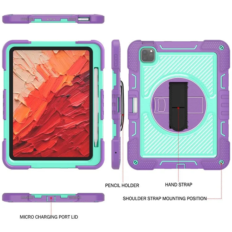 For iPad Pro 11 (2024) Case Kickstand Silicone + PC Tablet Cover with Hand / Shoulder Strap