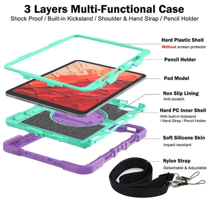 For iPad Pro 11 (2024) Case Kickstand Silicone + PC Tablet Cover with Hand / Shoulder Strap