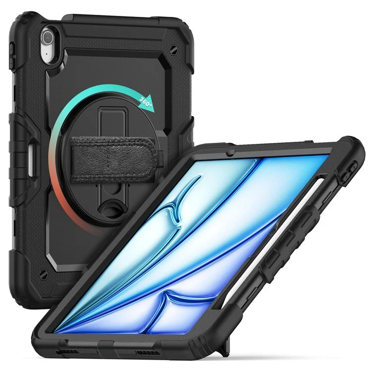 For iPad Air 11 (2024) Case Rotating Kickstand PC+Silicone Tablet Cover with Screen Film / Shoulder Strap
