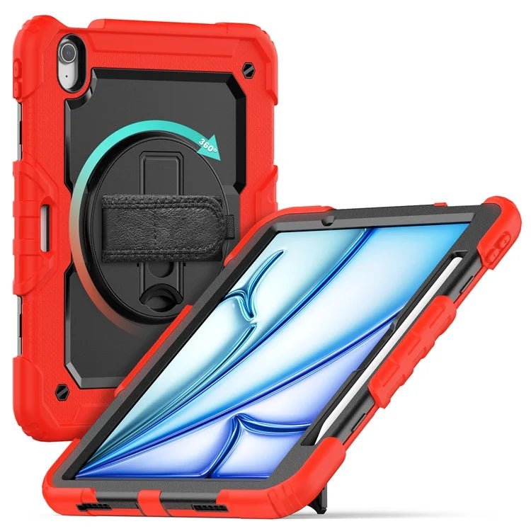 For iPad Air 11 (2024) Case Rotating Kickstand PC+Silicone Tablet Cover with Screen Film / Shoulder Strap