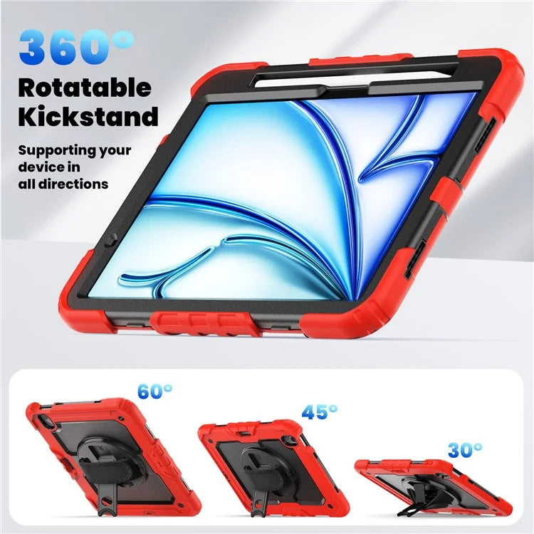 For iPad Air 11 (2024) Case Rotating Kickstand PC+Silicone Tablet Cover with Screen Film / Shoulder Strap