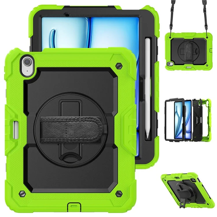 For iPad Air 11 (2024) Case Rotating Kickstand PC+Silicone Tablet Cover with Screen Film / Shoulder Strap