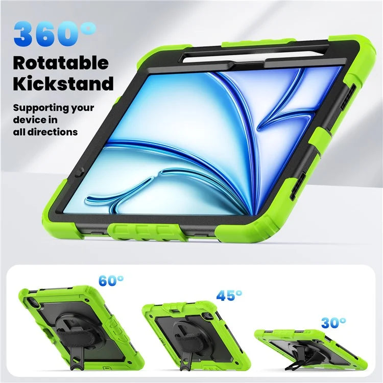 For iPad Air 11 (2024) Case Rotating Kickstand PC+Silicone Tablet Cover with Screen Film / Shoulder Strap