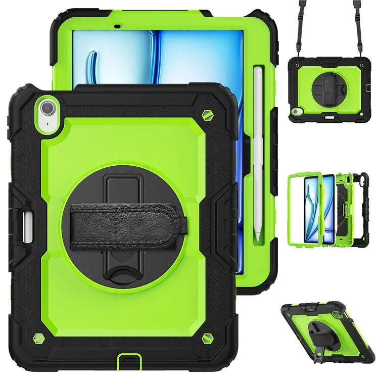For iPad Air 11 (2024) Case Rotating Kickstand PC+Silicone Tablet Cover with Screen Film / Shoulder Strap+Black