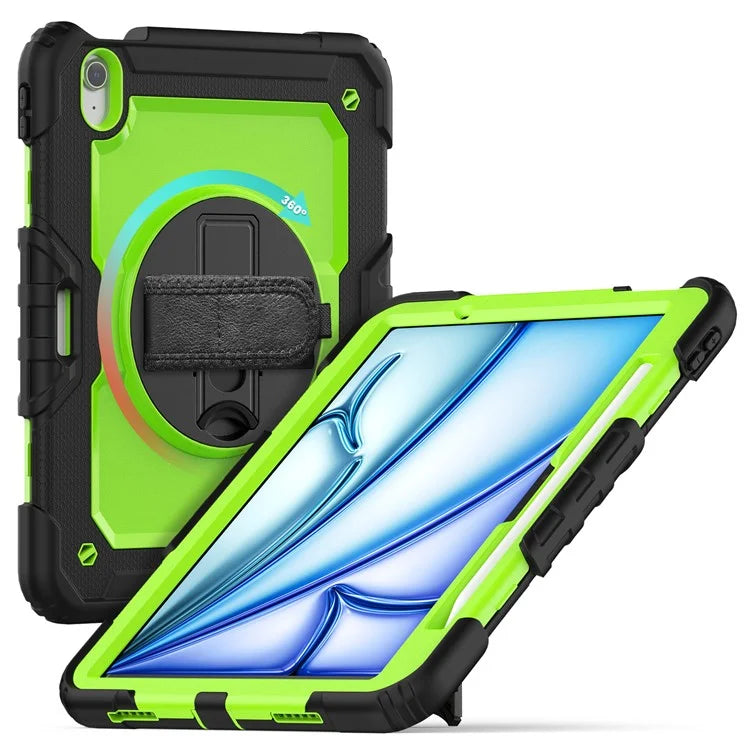 For iPad Air 11 (2024) Case Rotating Kickstand PC+Silicone Tablet Cover with Screen Film / Shoulder Strap+Black