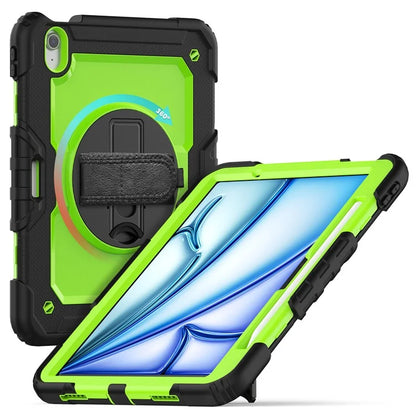 For iPad Air 11 (2024) Case Rotating Kickstand PC+Silicone Tablet Cover with Screen Film / Shoulder Strap+Black