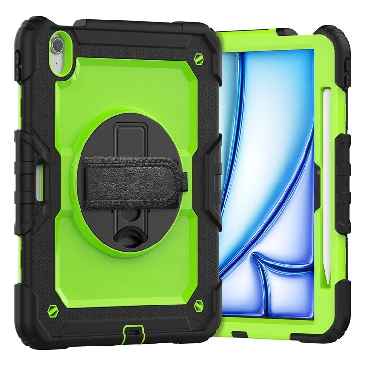 For iPad Air 11 (2024) Case Rotating Kickstand PC+Silicone Tablet Cover with Screen Film / Shoulder Strap+Black