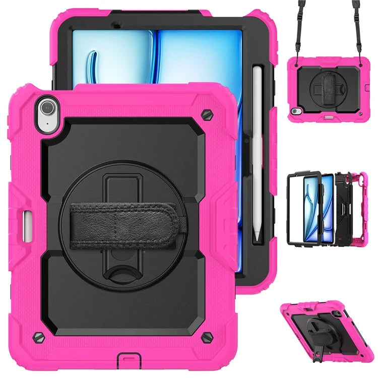 For iPad Air 11 (2024) Case Rotating Kickstand PC+Silicone Tablet Cover with Screen Film / Shoulder Strap