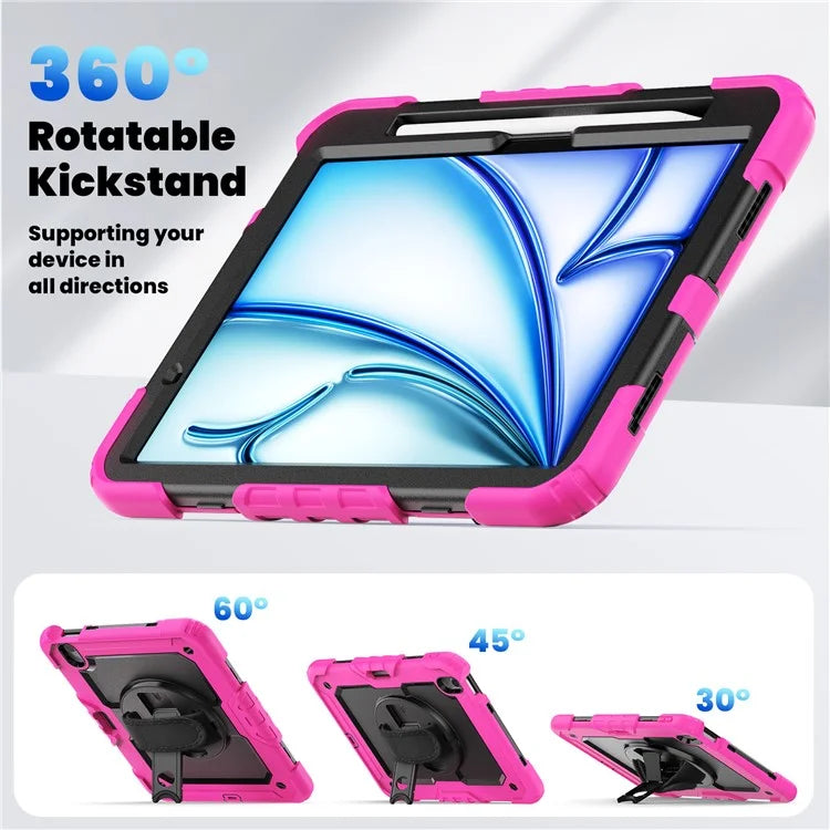 For iPad Air 11 (2024) Case Rotating Kickstand PC+Silicone Tablet Cover with Screen Film / Shoulder Strap