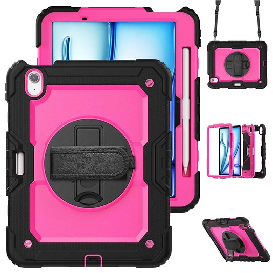 For iPad Air 11 (2024) Case Rotating Kickstand PC+Silicone Tablet Cover with Screen Film / Shoulder Strap+Black