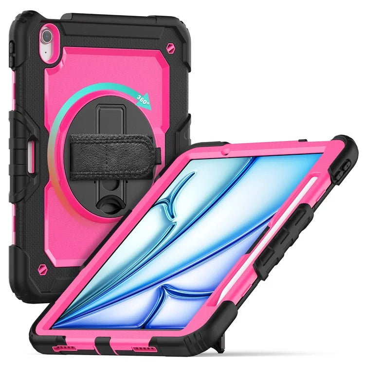 For iPad Air 11 (2024) Case Rotating Kickstand PC+Silicone Tablet Cover with Screen Film / Shoulder Strap+Black