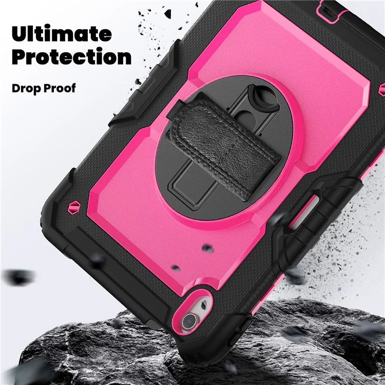 For iPad Air 11 (2024) Case Rotating Kickstand PC+Silicone Tablet Cover with Screen Film / Shoulder Strap+Black