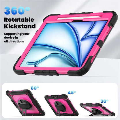For iPad Air 11 (2024) Case Rotating Kickstand PC+Silicone Tablet Cover with Screen Film / Shoulder Strap+Black