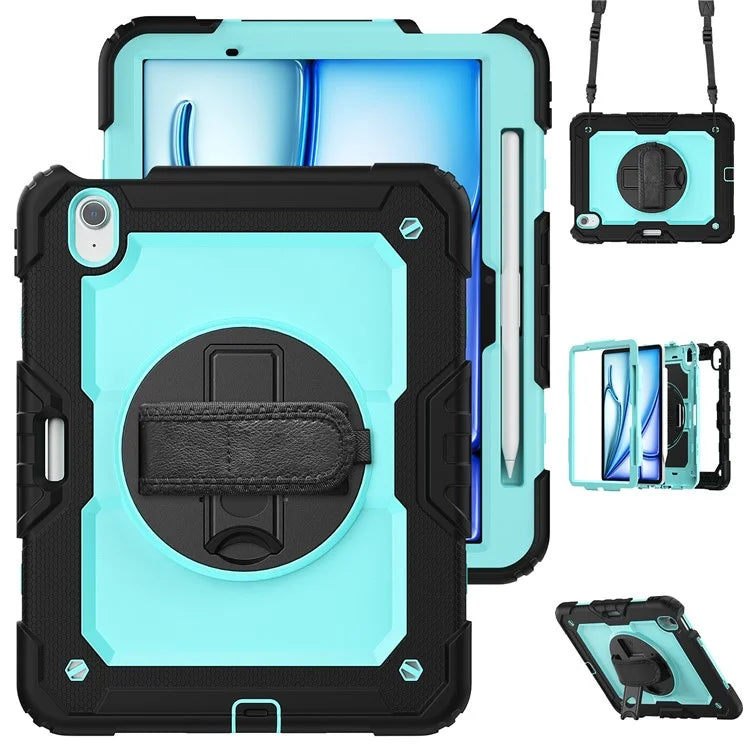 For iPad Air 11 (2024) Case Rotating Kickstand PC+Silicone Tablet Cover with Screen Film / Shoulder Strap+Black