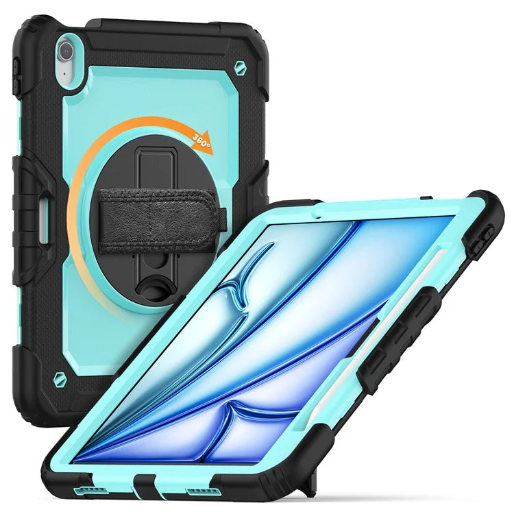 For iPad Air 11 (2024) Case Rotating Kickstand PC+Silicone Tablet Cover with Screen Film / Shoulder Strap+Black