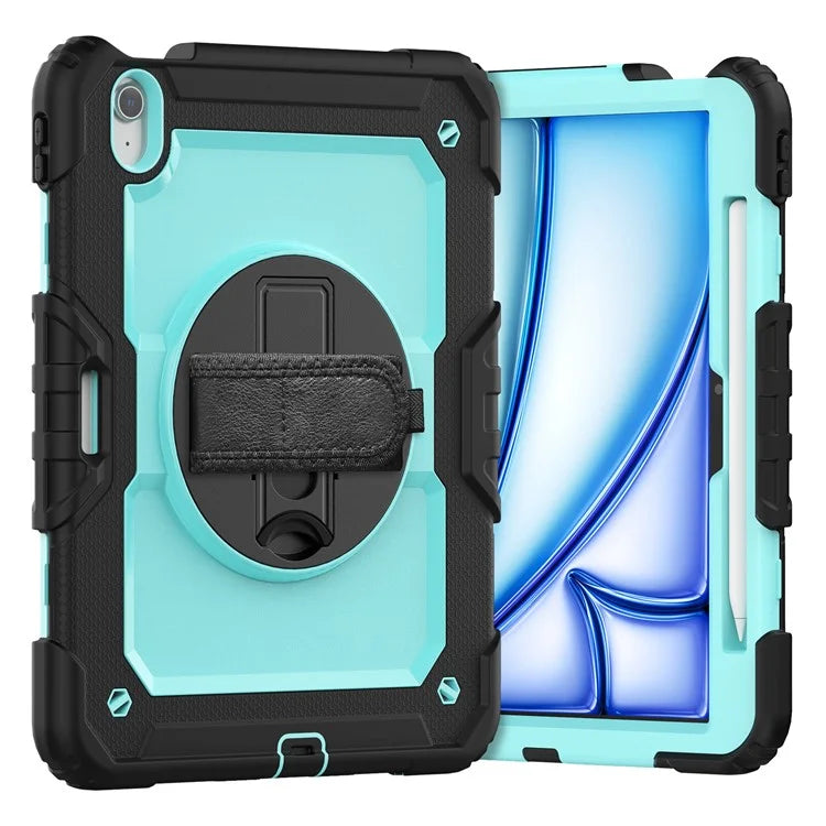 For iPad Air 11 (2024) Case Rotating Kickstand PC+Silicone Tablet Cover with Screen Film / Shoulder Strap+Black