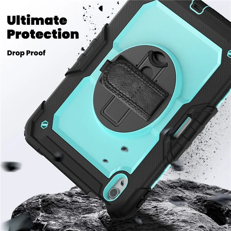 For iPad Air 11 (2024) Case Rotating Kickstand PC+Silicone Tablet Cover with Screen Film / Shoulder Strap+Black