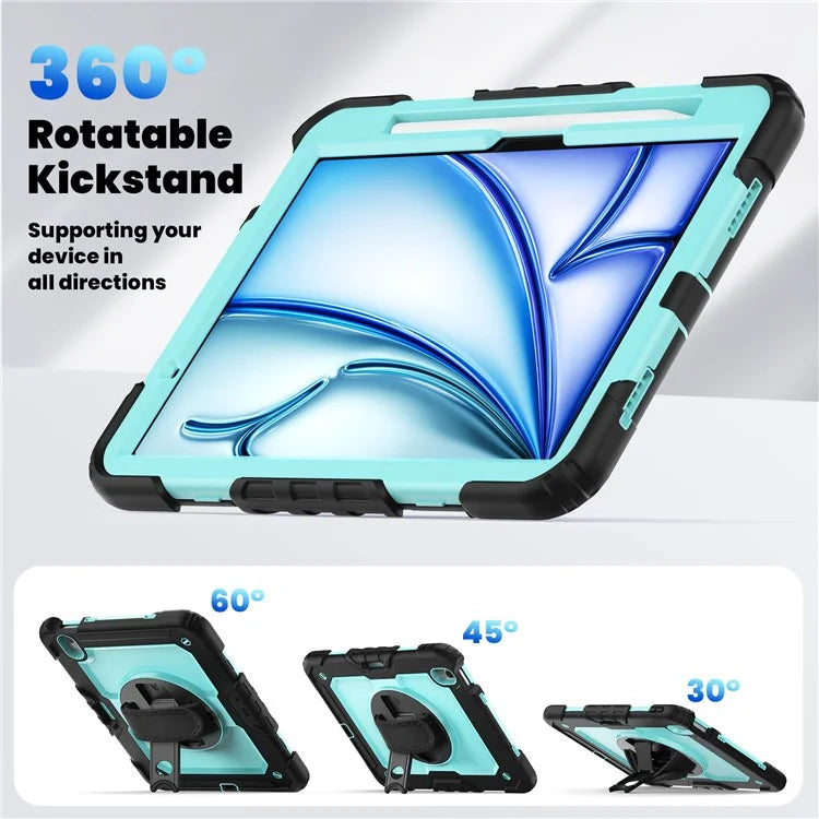 For iPad Air 11 (2024) Case Rotating Kickstand PC+Silicone Tablet Cover with Screen Film / Shoulder Strap+Black